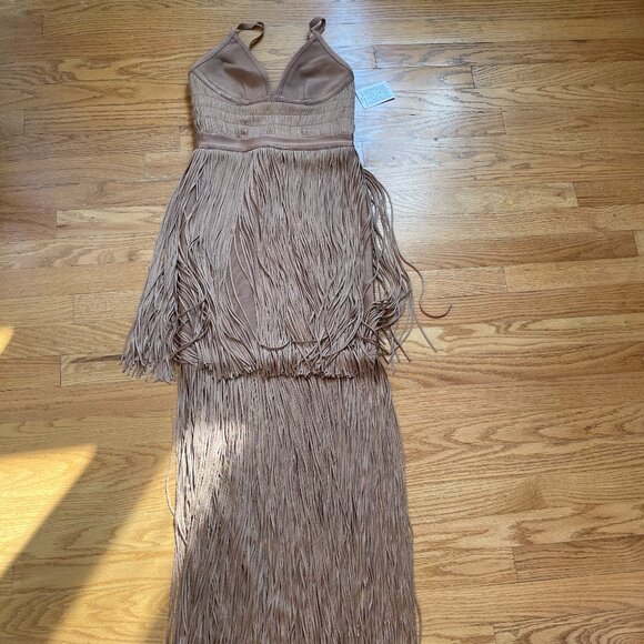 Herve Leger Plunging Fringe Gown | Toffee - Picture 7 of 10